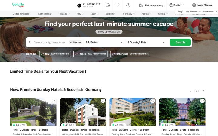 Screenshot of belvilla.com