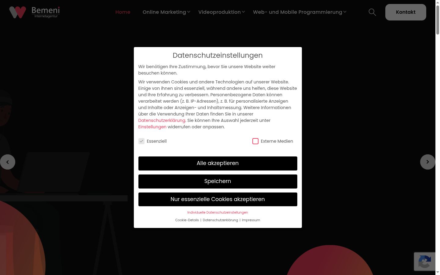 Screenshot des Einwilligungsbanners vor jeglicher Interaktion