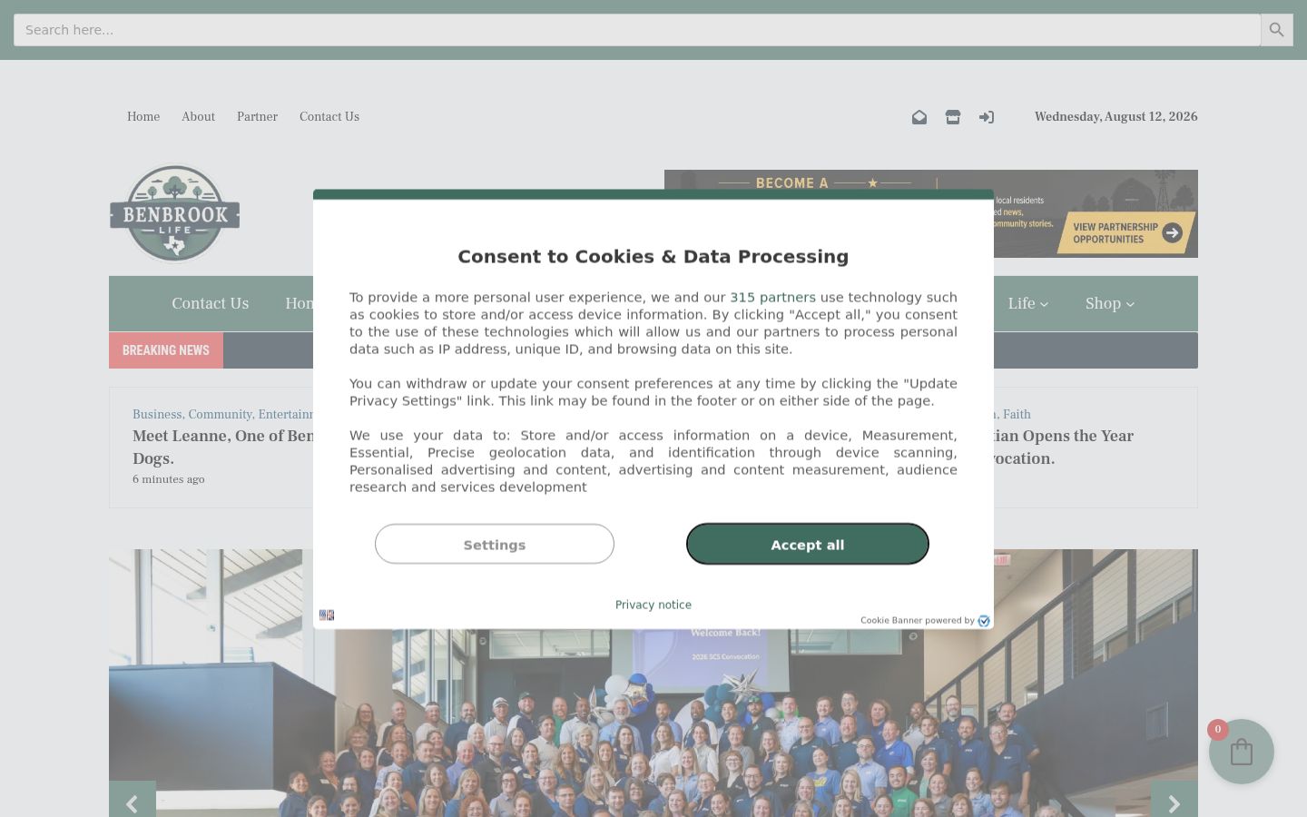 Screenshot del banner di consenso mostrato prima di qualsiasi interazione