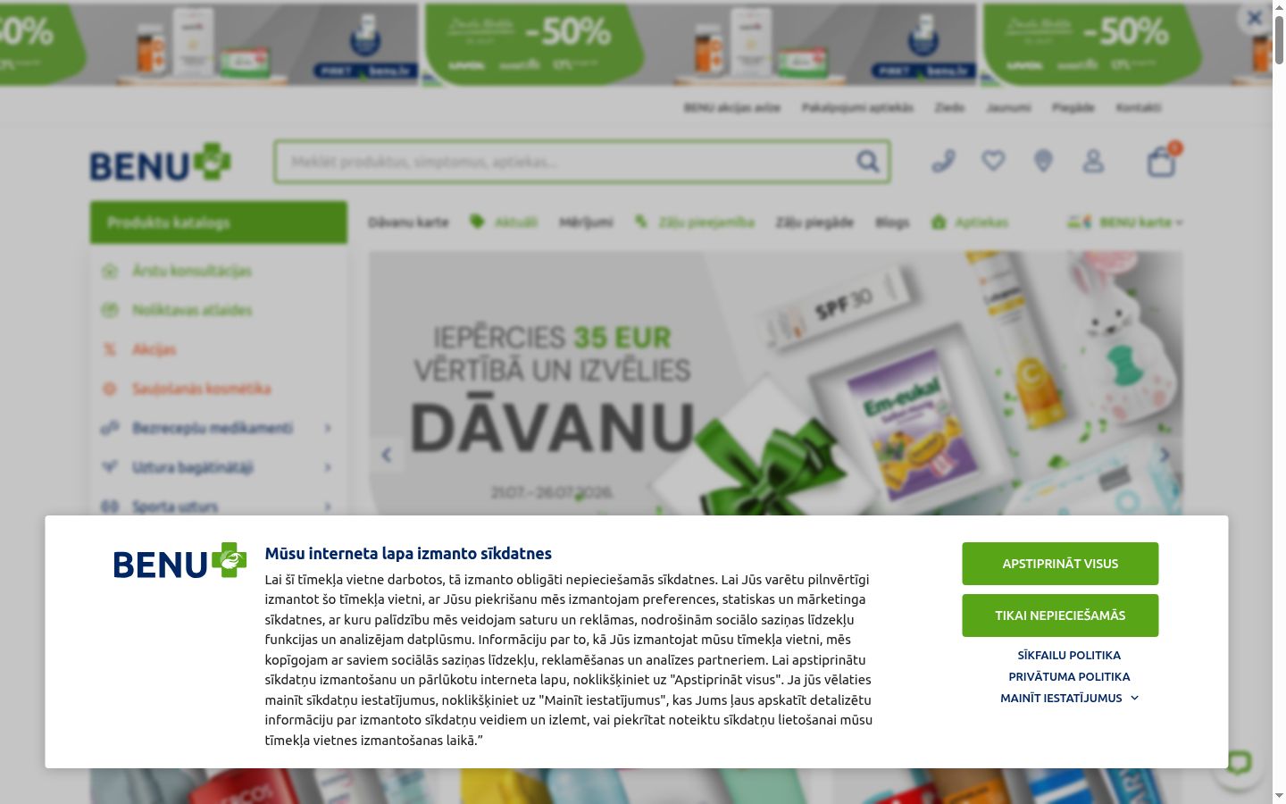 Ekrānuzņēmums ar piekrišanas baneri, kas tika rādīts pirms jebkādas mijiedarbības