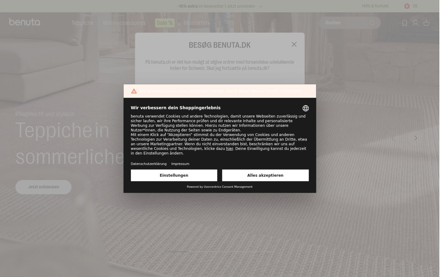 Ekrānuzņēmums ar piekrišanas baneri, kas tika rādīts pirms jebkādas mijiedarbības