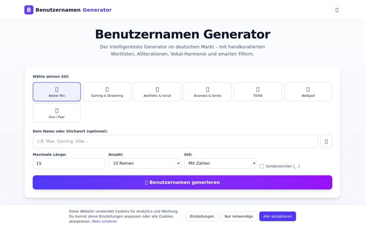 Snimka zaslona za benutzernamen-generator.de