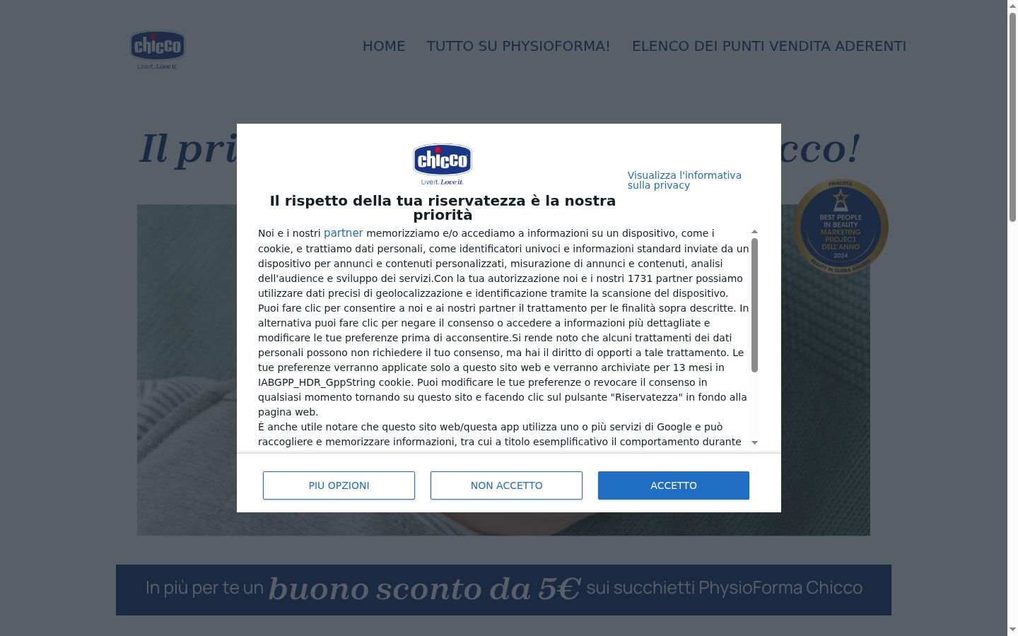 Screenshot del banner di consenso mostrato prima di qualsiasi interazione