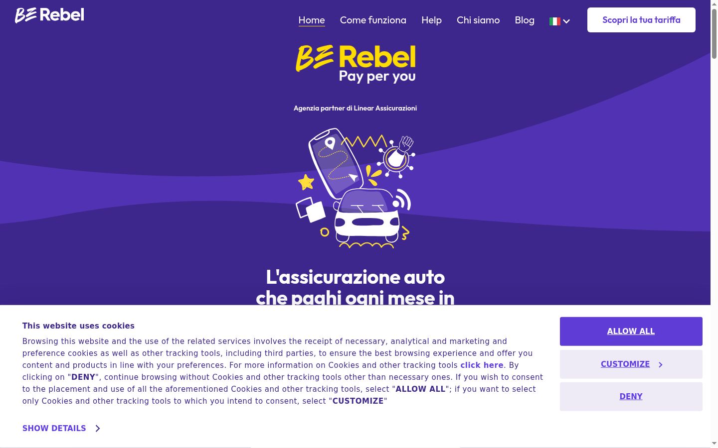Screenshot del banner di consenso mostrato prima di qualsiasi interazione