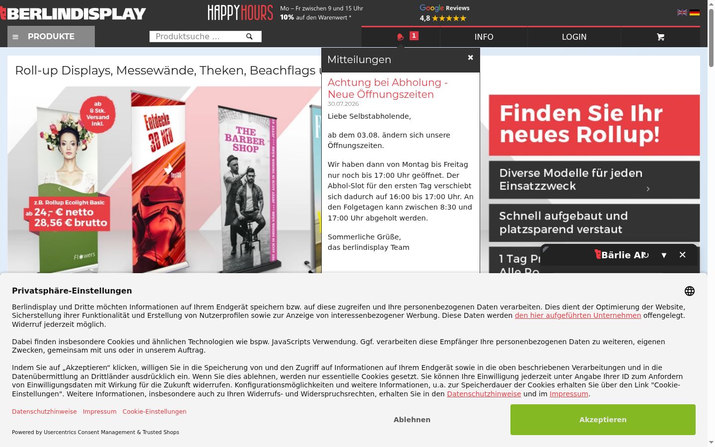 Screenshot des Einwilligungsbanners vor jeglicher Interaktion