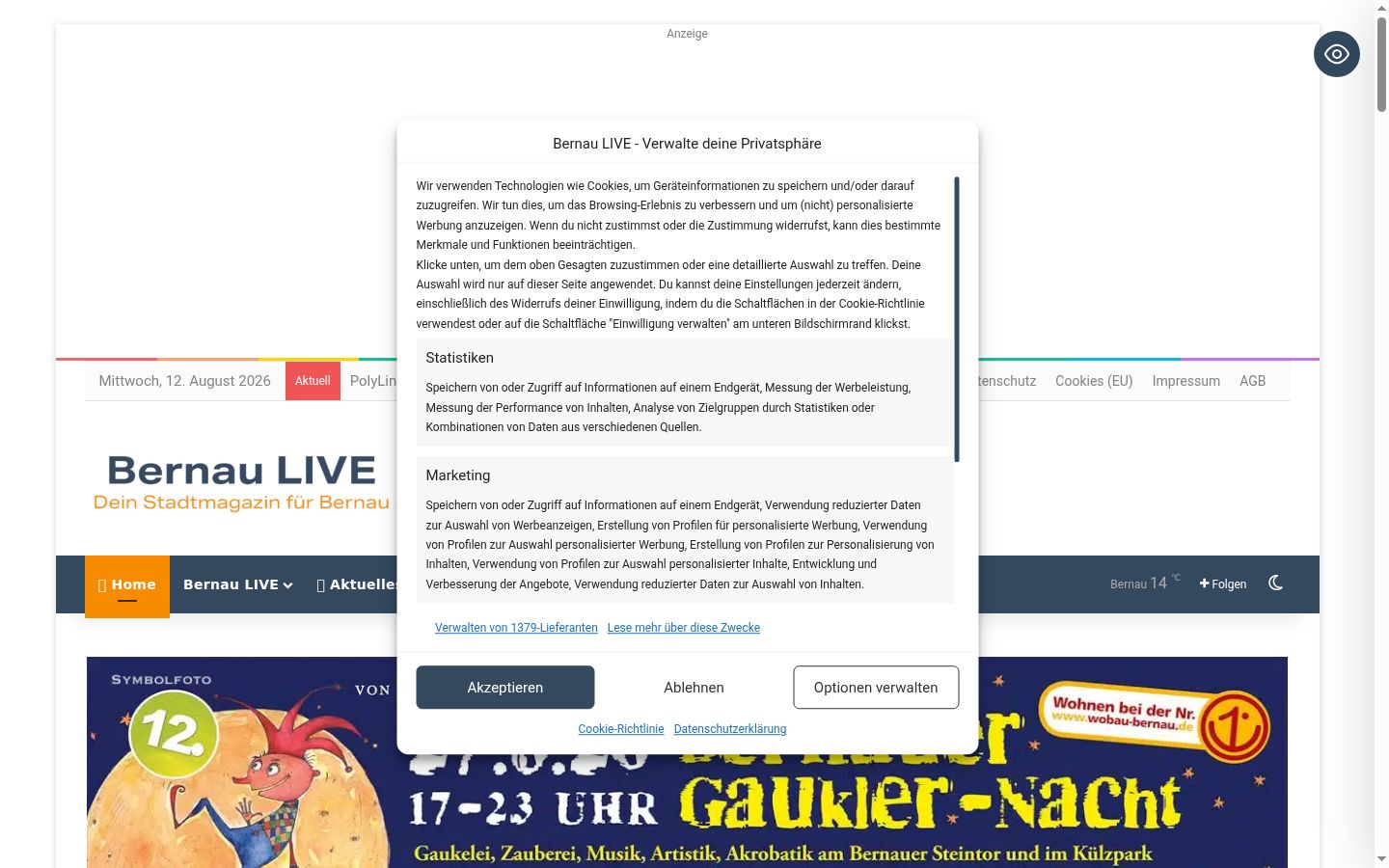Snímek obrazovky baneru souhlasu zobrazeného před jakoukoli interakcí