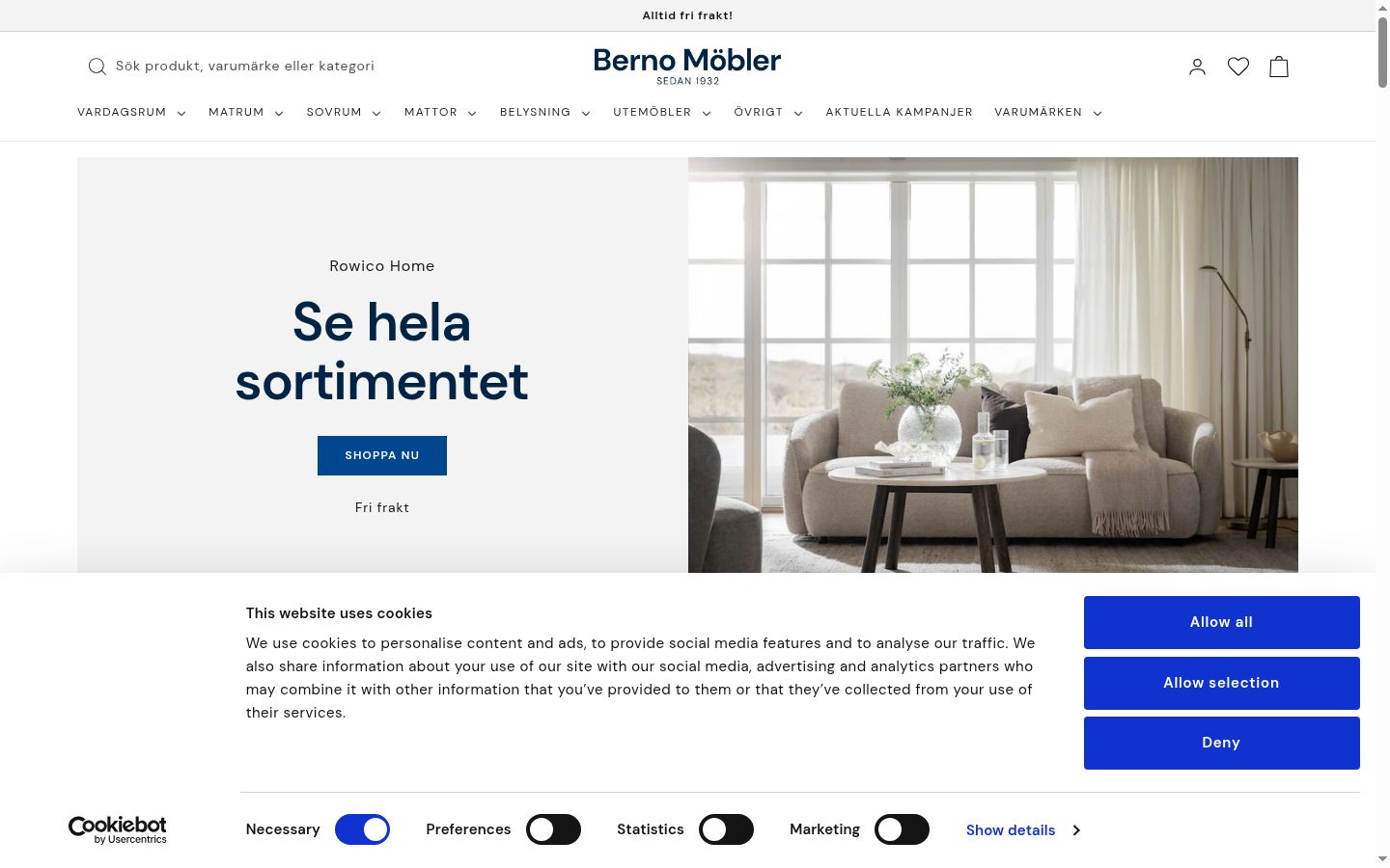 Skärmbild av samtyckesbannern som visades före någon interaktion