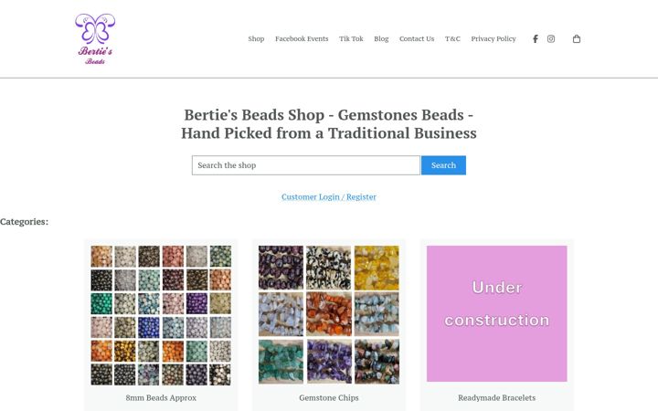 Screenshot of bertiesbeads.co.uk