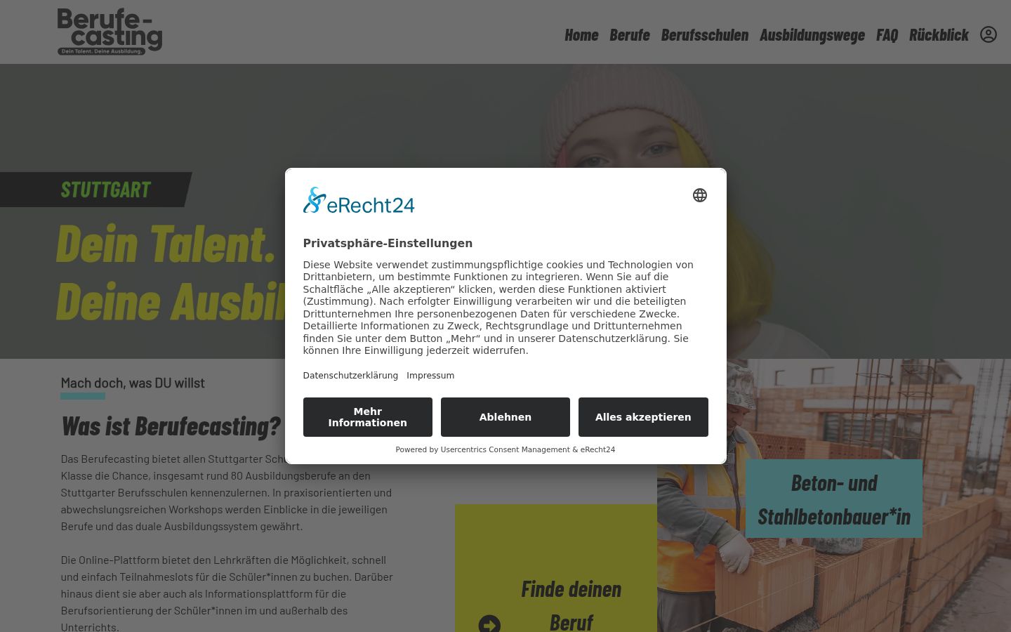 Screenshot des Einwilligungsbanners vor jeglicher Interaktion