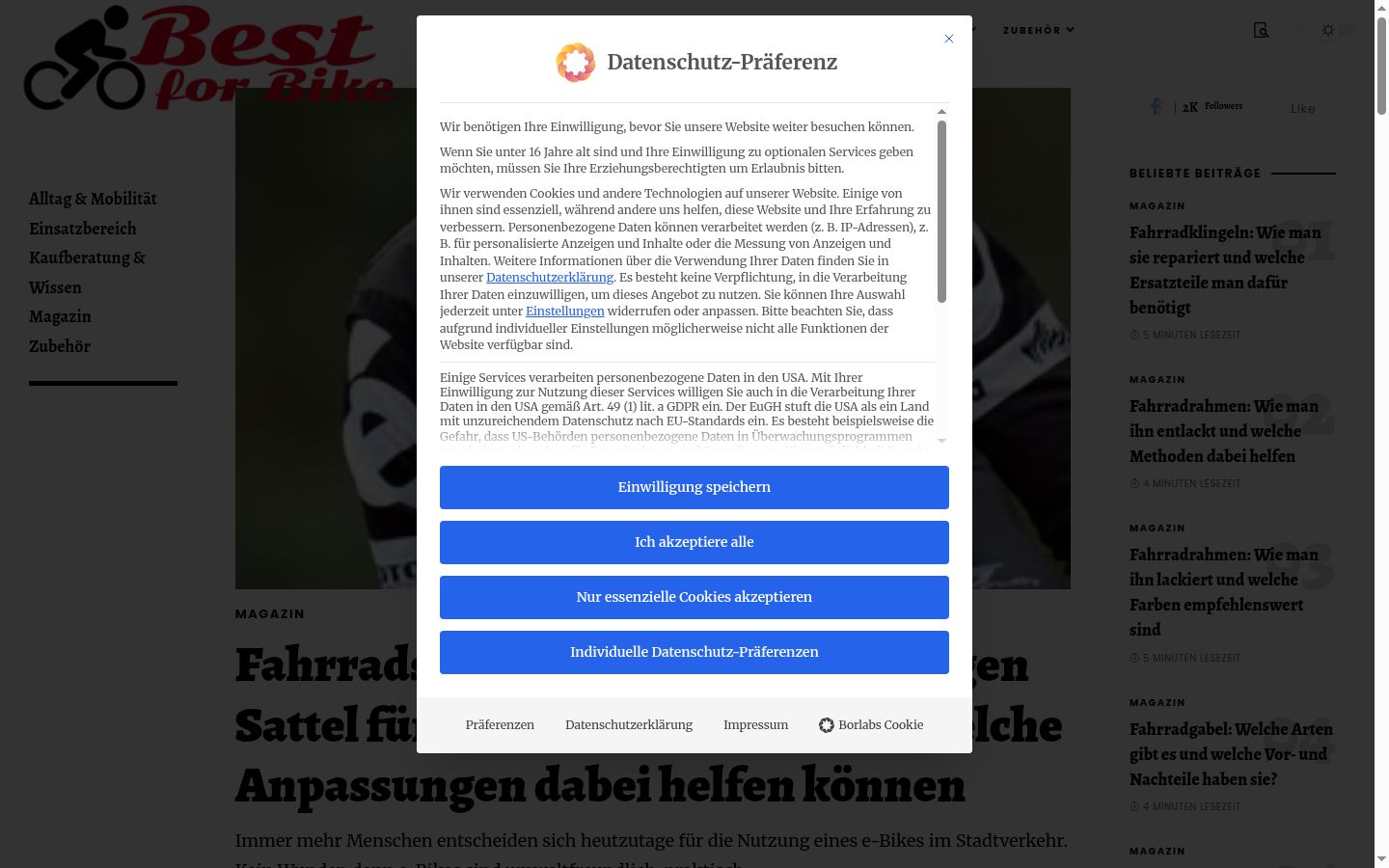Screenshot des Einwilligungsbanners vor jeglicher Interaktion