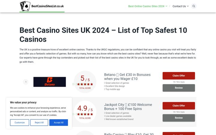 Screenshot of bestcasinositeslist.co.uk