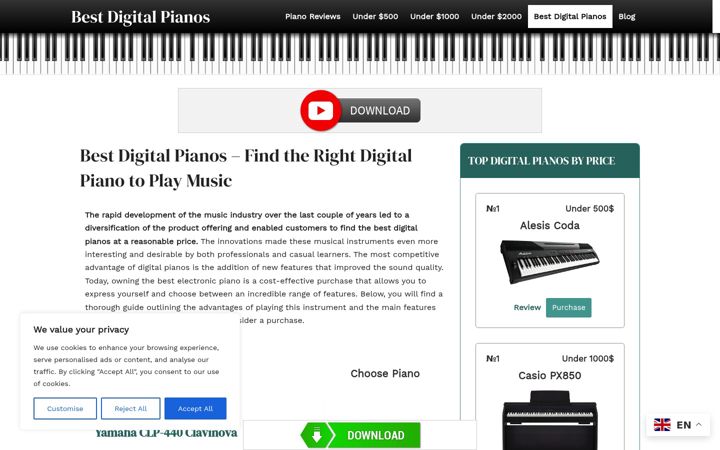 Screenshot stránky bestdigitalpianos.net