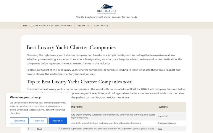 Screenshot of bestluxuryyachtchartercompanies.com