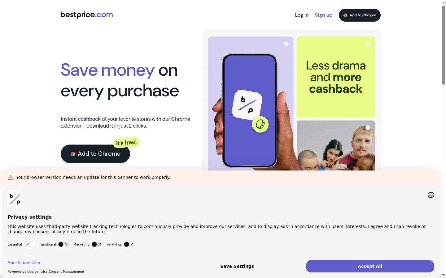 Screenshot del banner di consenso mostrato prima di qualsiasi interazione
