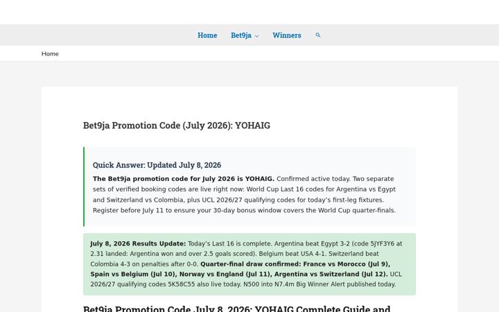 Screenshot of bet9japromotioncode.com.ng