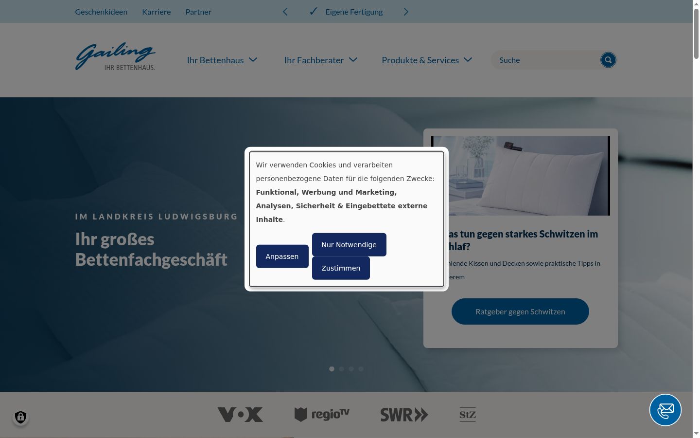 Screenshot des Einwilligungsbanners vor jeglicher Interaktion