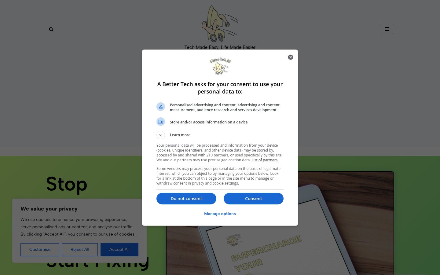 Screenshot del banner di consenso mostrato prima di qualsiasi interazione