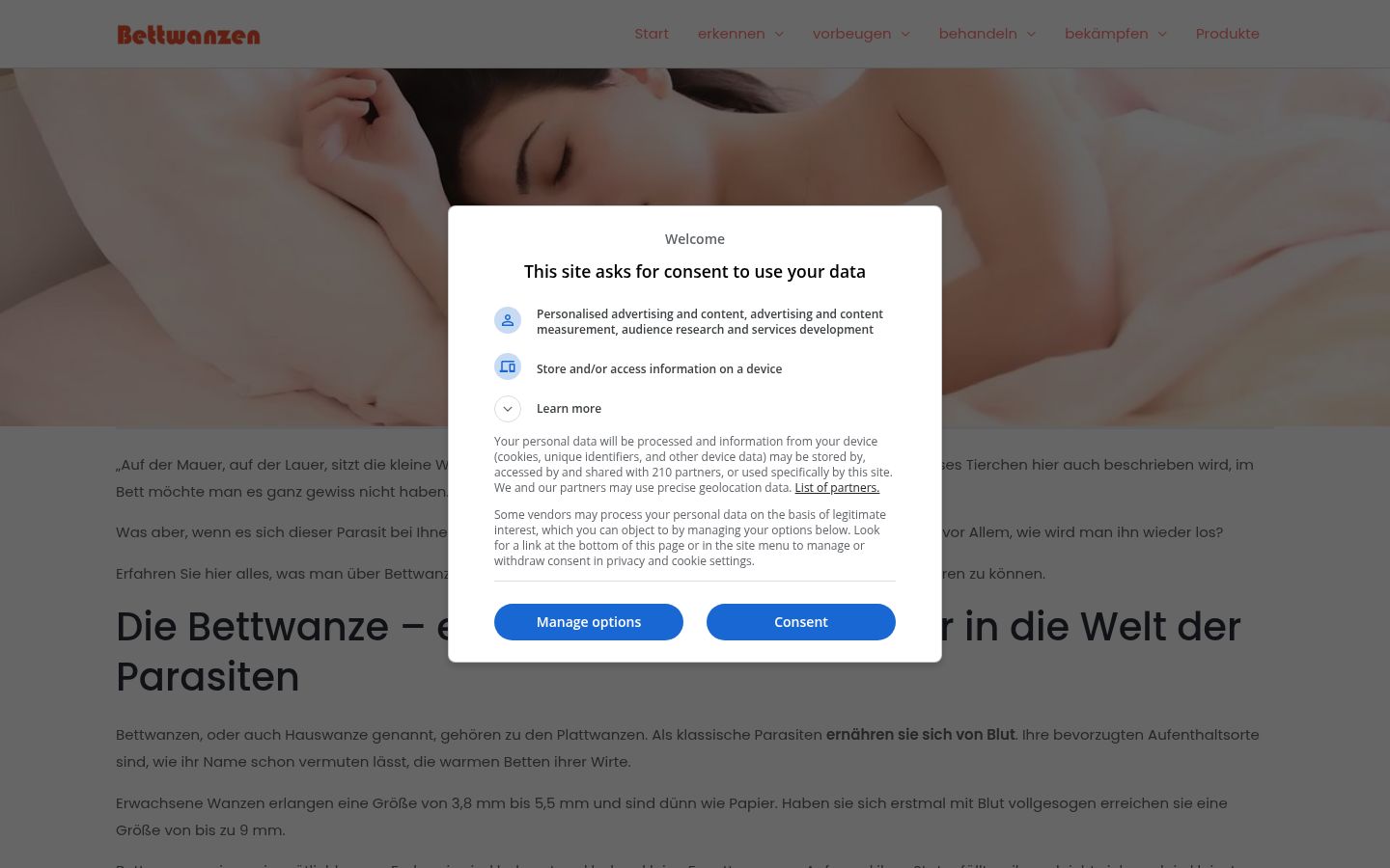Screenshot des Einwilligungsbanners vor jeglicher Interaktion