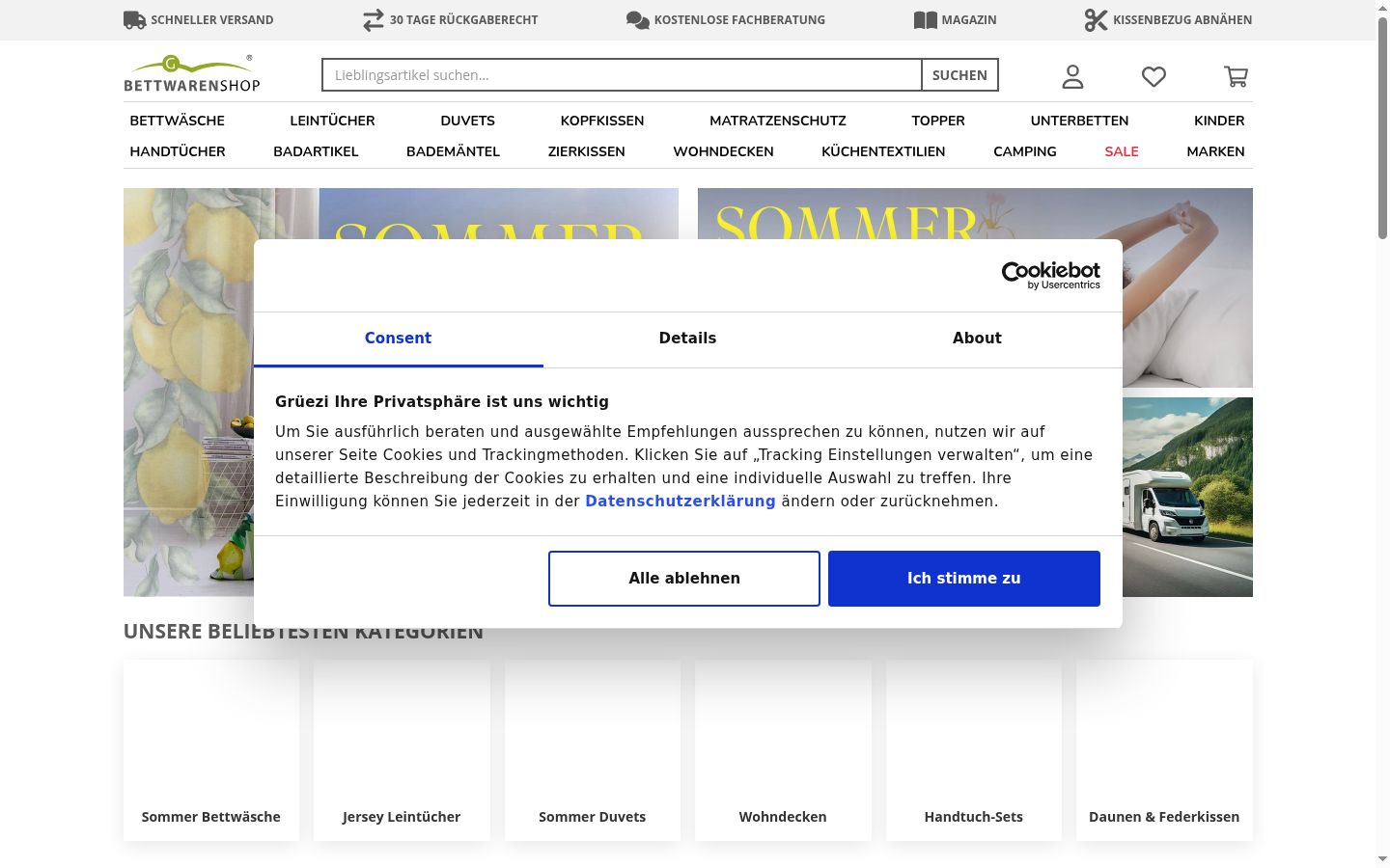 Screenshot des Einwilligungsbanners vor jeglicher Interaktion
