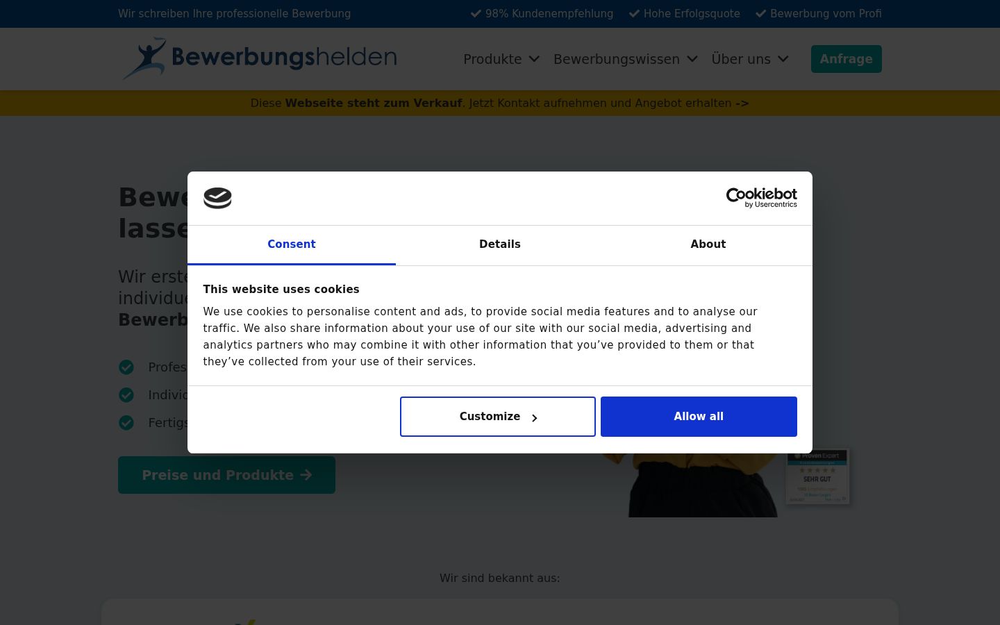 Screenshot des Einwilligungsbanners vor jeglicher Interaktion