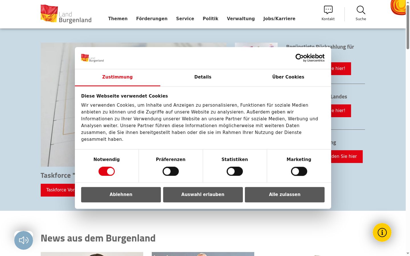 Captura de ecrã do banner de consentimento apresentado antes de qualquer interação