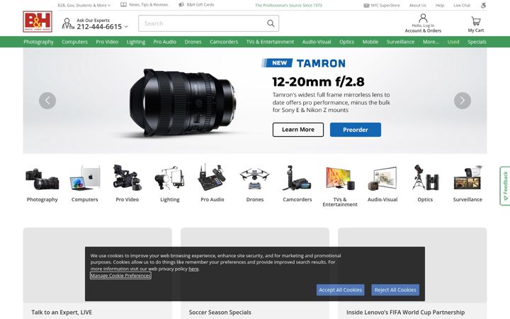Screenshot ta' bhphotovideo.com