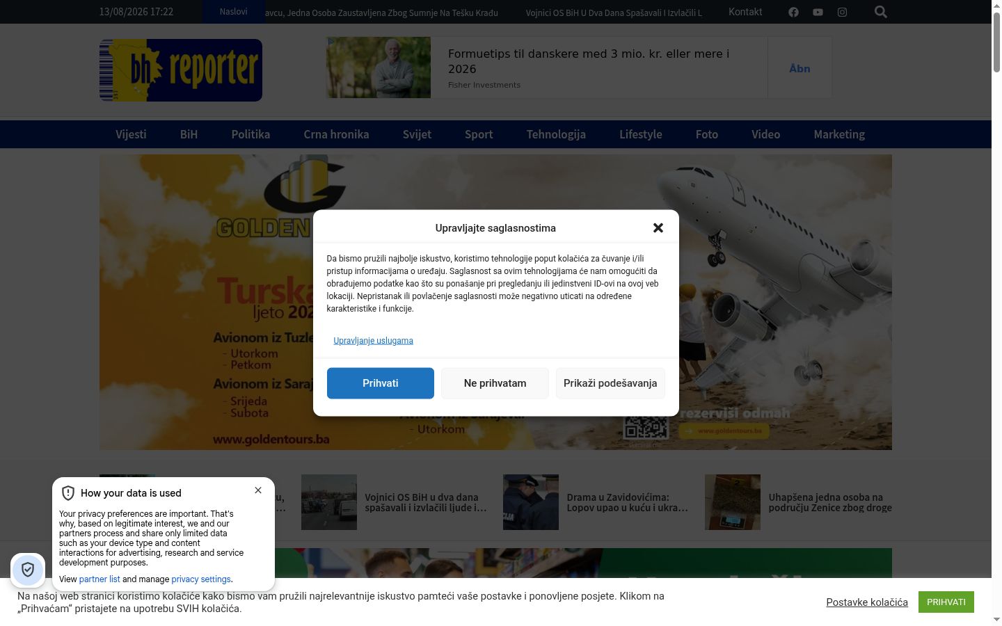 Sutikimo reklamjuostės, rodytos prieš bet kokią sąveiką, ekrano kopija