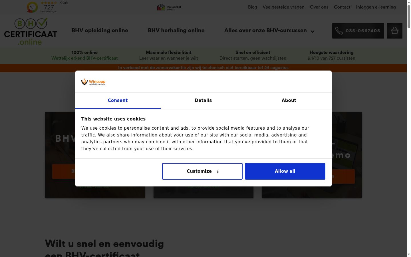 Skærmbillede af samtykkebanneret, som det blev vist før nogen interaktion