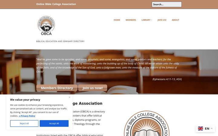 Screenshot of biblecollegeassociation.org