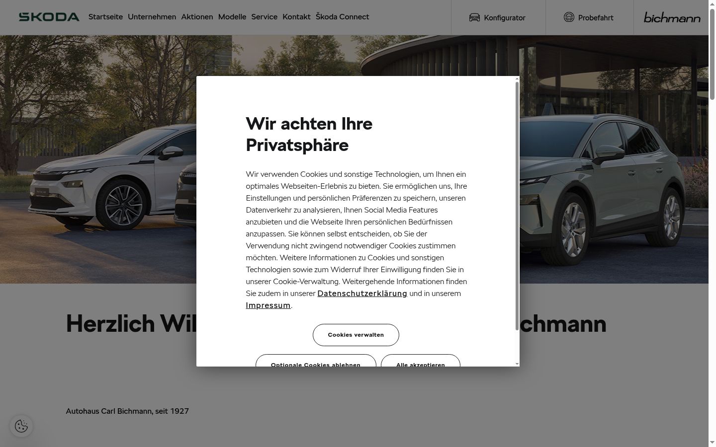 Screenshot des Einwilligungsbanners vor jeglicher Interaktion