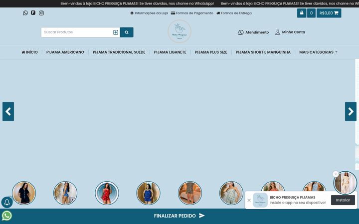 Screenshot stránky bichopreguicapijamas.com.br