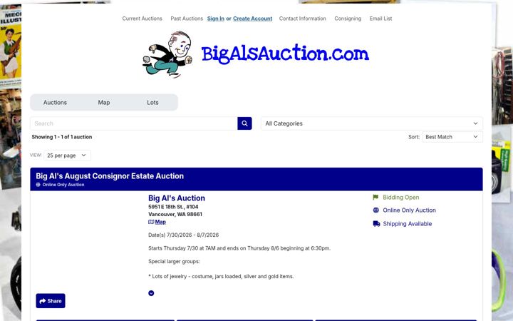 Screenshot of bigalsauction.com