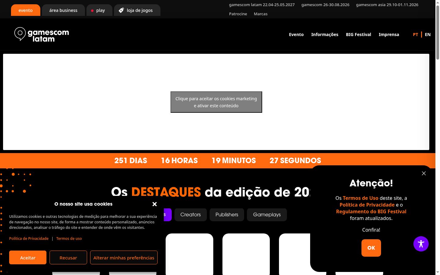 Captura de ecrã do banner de consentimento apresentado antes de qualquer interação