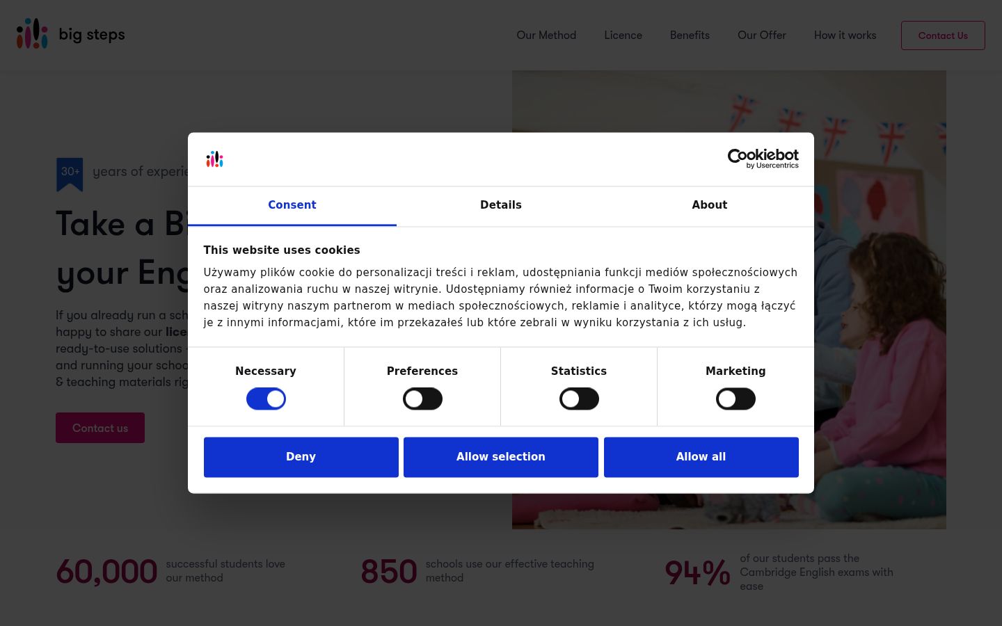 Snímek obrazovky baneru souhlasu zobrazeného před jakoukoli interakcí