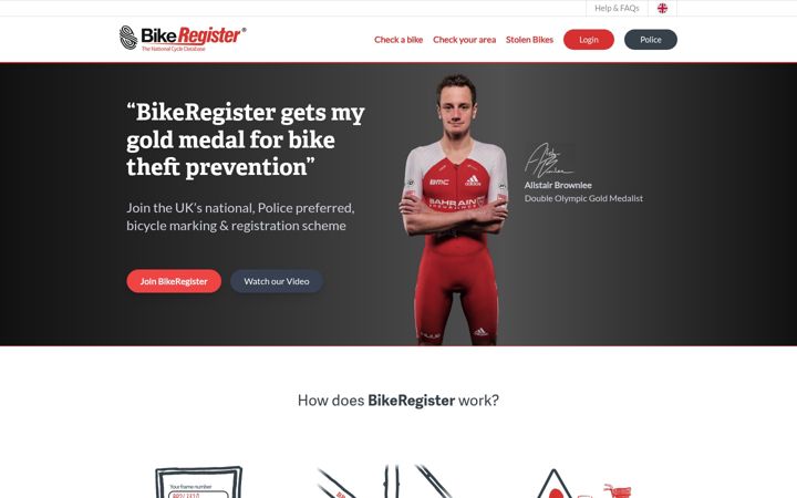 Screenshot of bikeregister.com