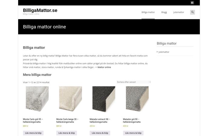 Screenshot of billigamattor.se