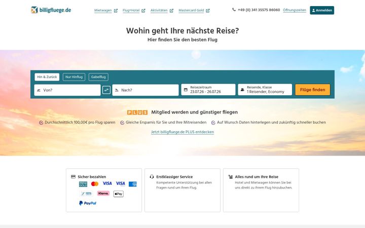 Skjermbilde av billigfluege.de