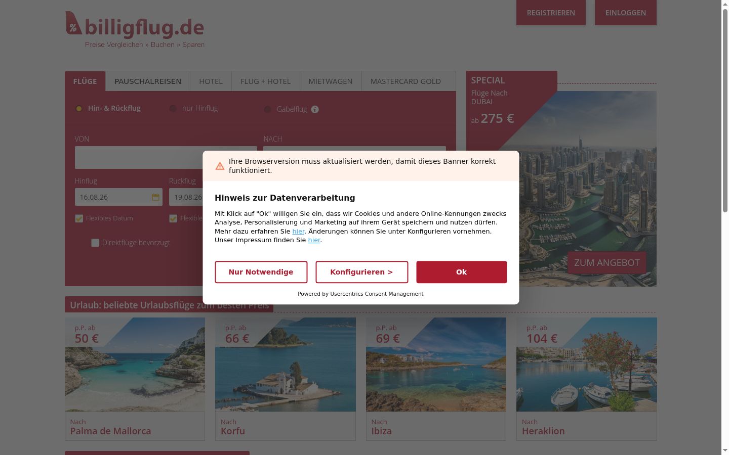 Skärmbild av samtyckesbannern som visades före någon interaktion
