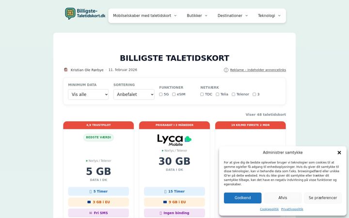 Screenshot of billigste-taletidskort.dk