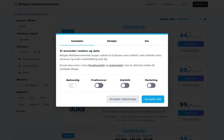 Screenshot of billigstemobilabonnementer.dk