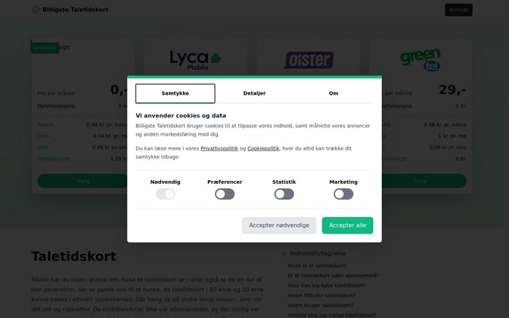 Screenshot of billigstetaletidskort.dk