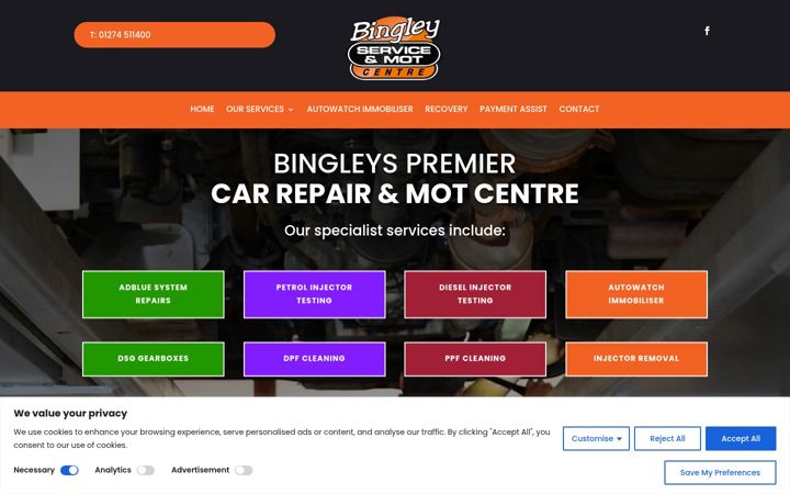 Screenshot of bingleyserviceandmotcentre.co.uk
