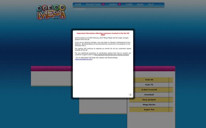 Screenshot van bingomega.co.uk