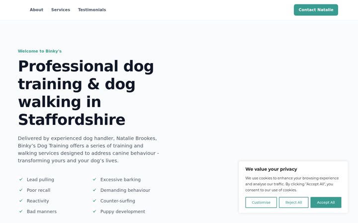 Screenshot of binkysdogtraining.co.uk