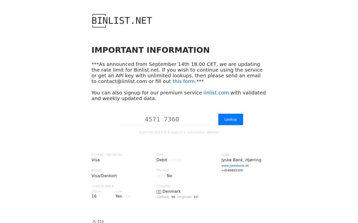 Screenshot of binlist.net