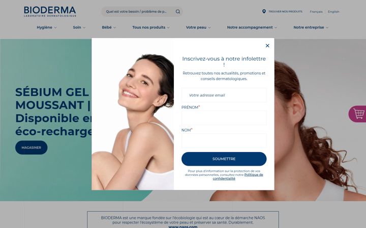 Captură de ecran a bioderma.ca