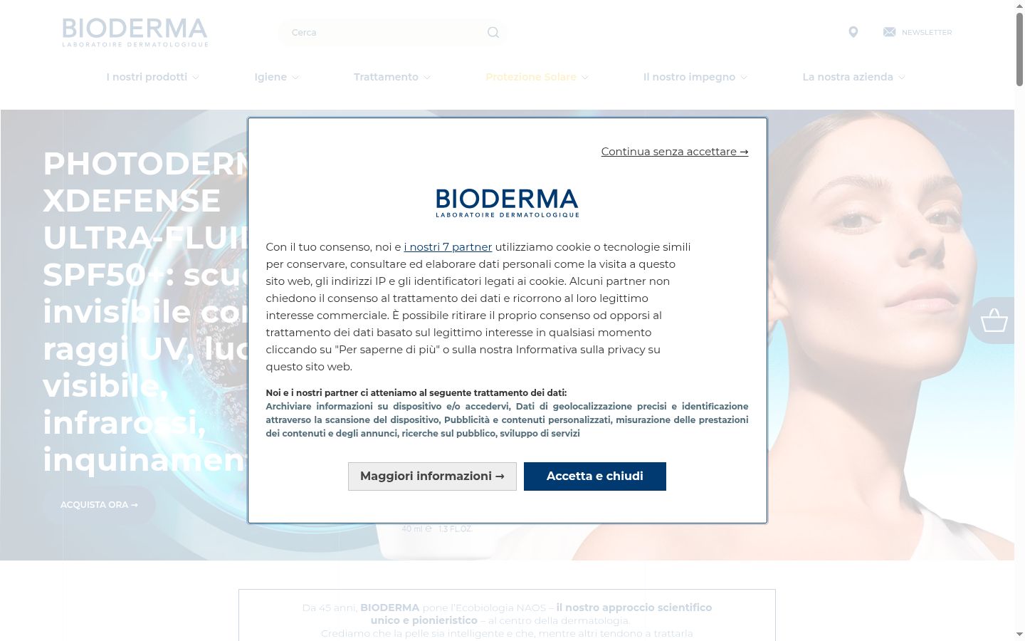 Captura de ecrã do banner de consentimento apresentado antes de qualquer interação