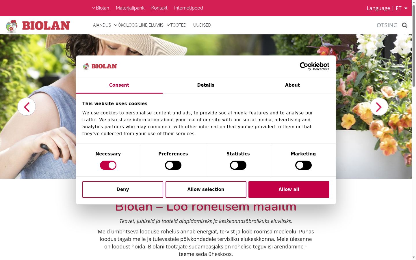 Ekrānuzņēmums ar piekrišanas baneri, kas tika rādīts pirms jebkādas mijiedarbības