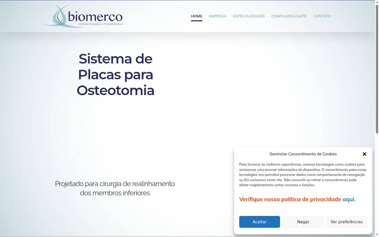 Captura de ecrã do banner de consentimento apresentado antes de qualquer interação