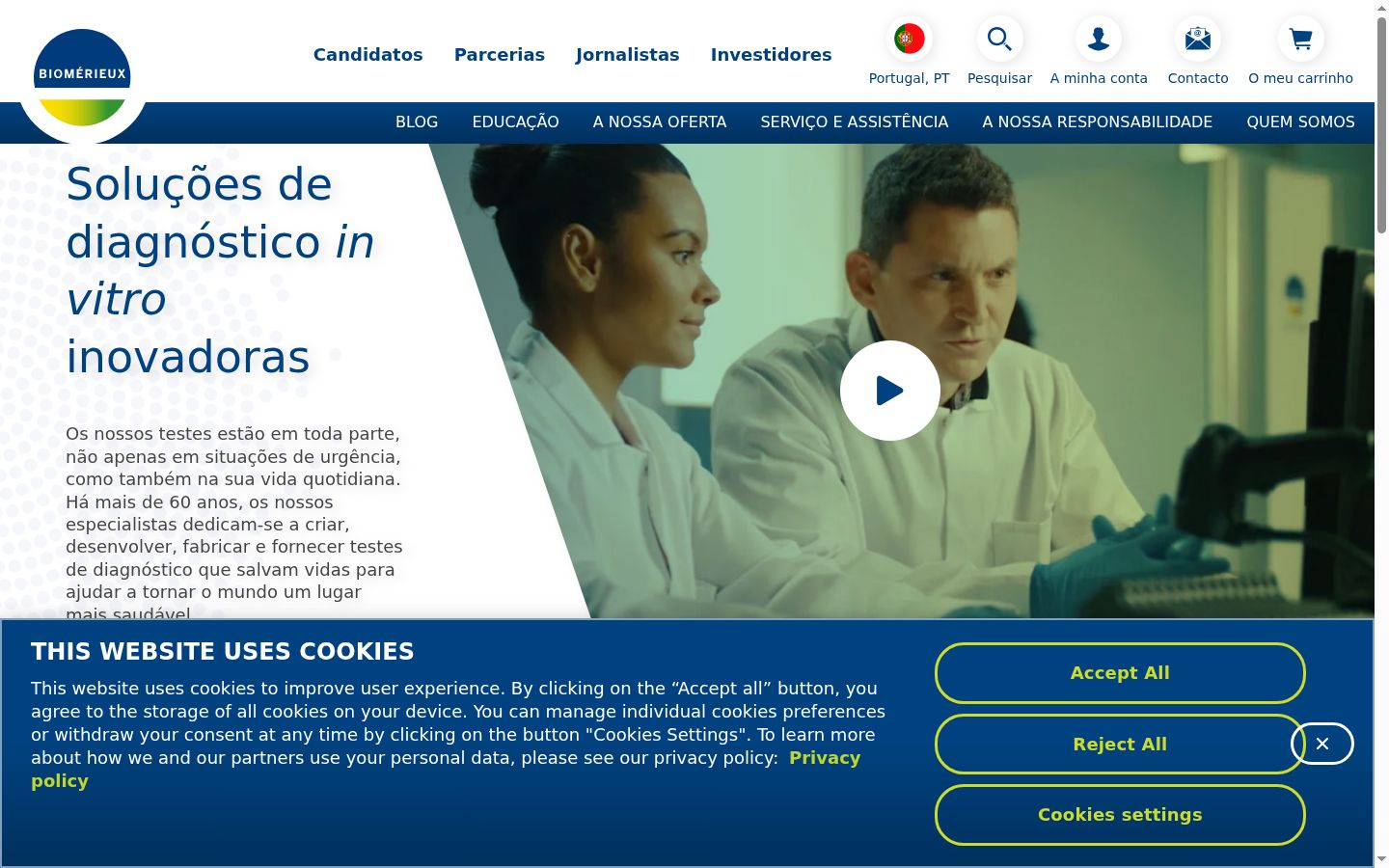 Captura de ecrã do banner de consentimento apresentado antes de qualquer interação